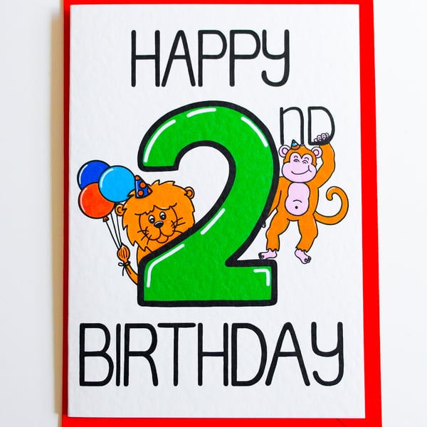 Happy 2nd Birthday card, animal Birthday Card for 2 year old Baby Boy or Girl
