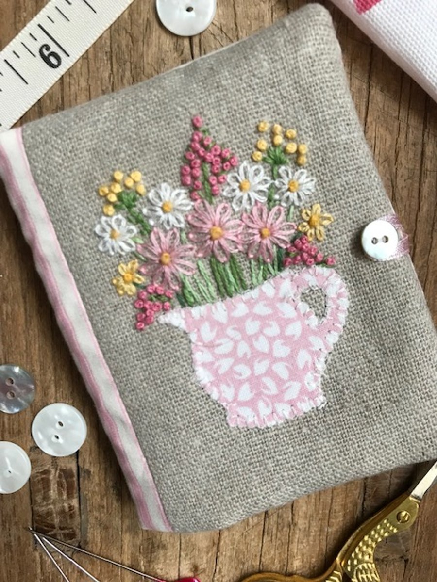 Hand embroidered needle case using Emma Bridgewater 'Pink Hearts' fabric
