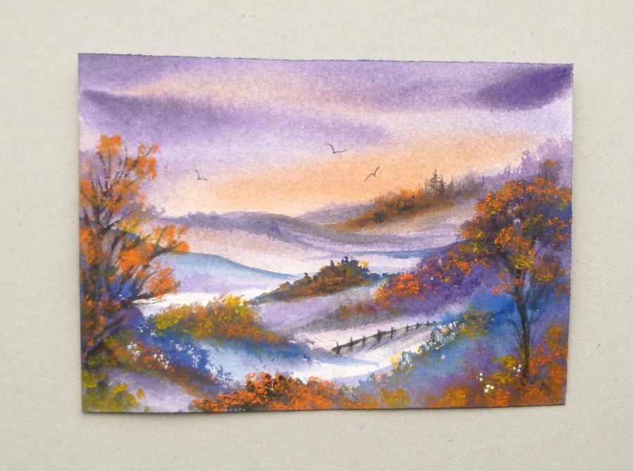 original small format art watercolour autumn landscape painting ( ref F 727 A2 )
