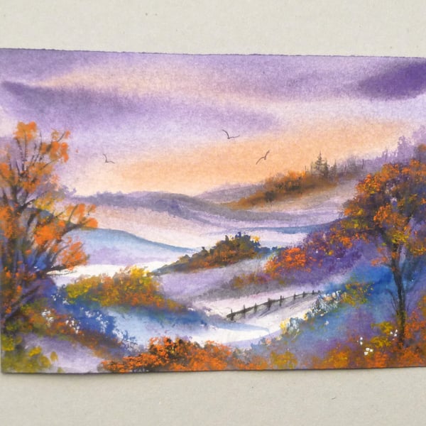 original small format art watercolour autumn landscape painting ( ref F 727 A2 )