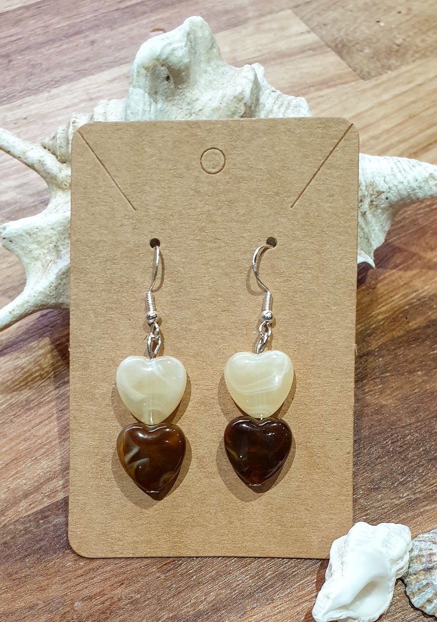Double Heart Earrings - Cream and Brown - Acrylic on Silver Ear wiires