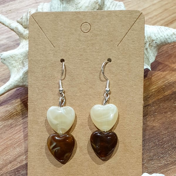 Double Heart Earrings - Cream and Brown - Acrylic on 925 Silver-Plated Ear Wires