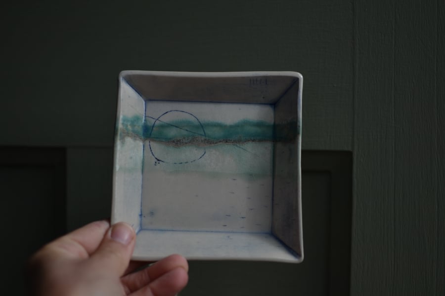 Seascape Square ceramic dish - glazed in turquoise, greens and blues