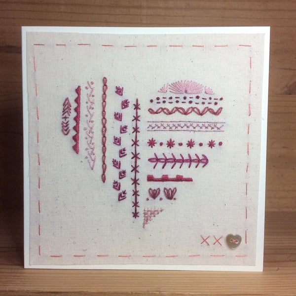 Folk heart hand embroidered card