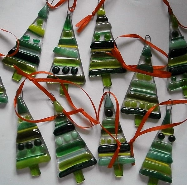 Fused glass Green Christmas tree decorations
