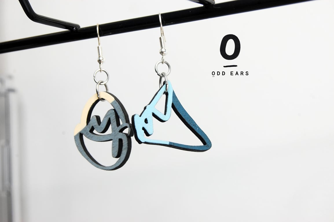 Mismatched Wooden Scribble Earrings Hand-Painted Blue, Grey, Cream Design