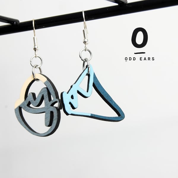 Mismatched Wooden Scribble Earrings Hand-Painted Blue, Grey, Cream Design