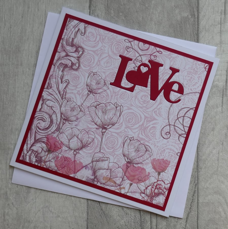 Red Floral Patterned Paper - Love Hearts - Anniversary or Love Card