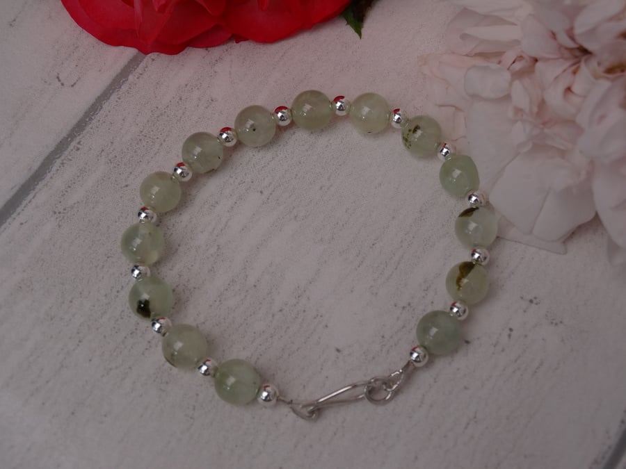 Prehnite gemstone bracelet silver bead heart chakra