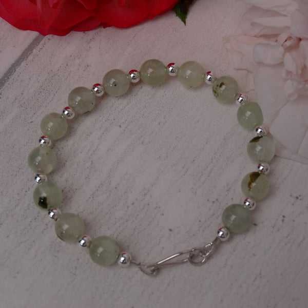 Prehnite gemstone bracelet silver bead heart chakra