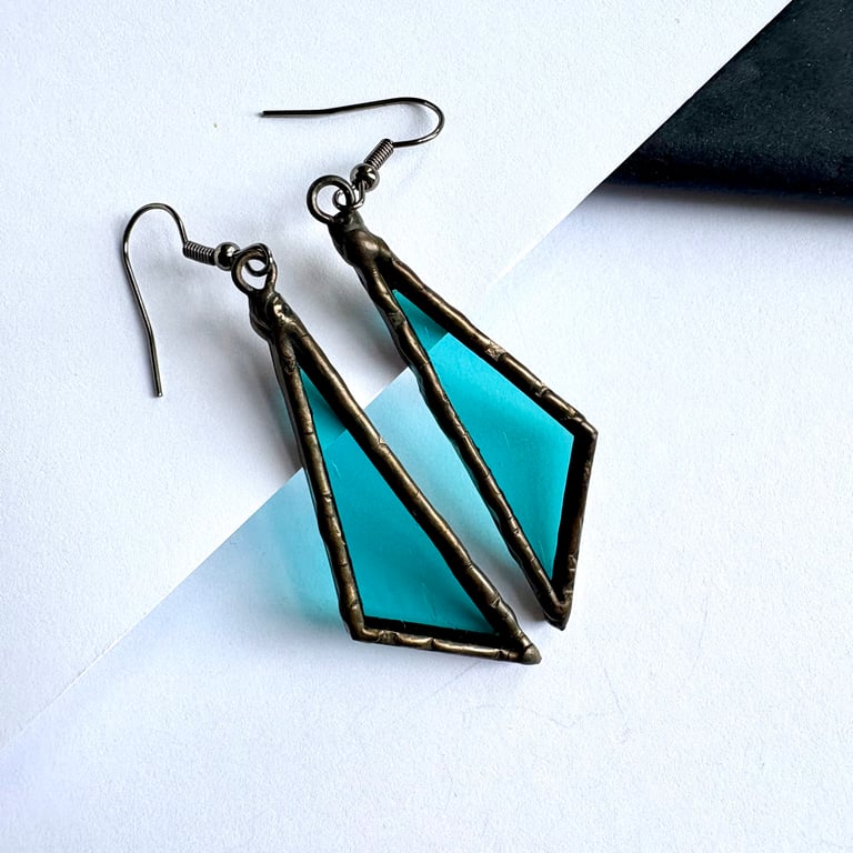 Marine blue stained glass dangle earrings, September Birthdays Gift for Her