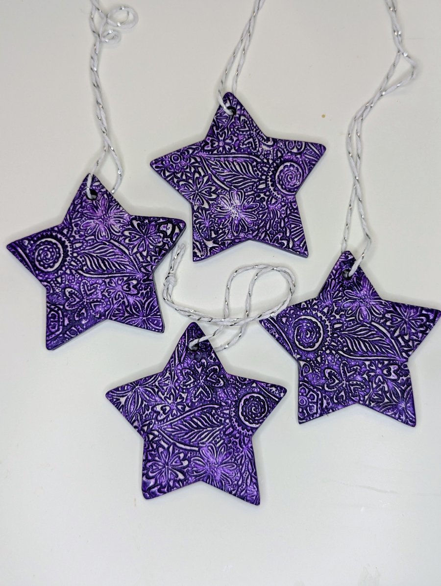 Star Christmas tree decoration, clay,  purple hanging stars