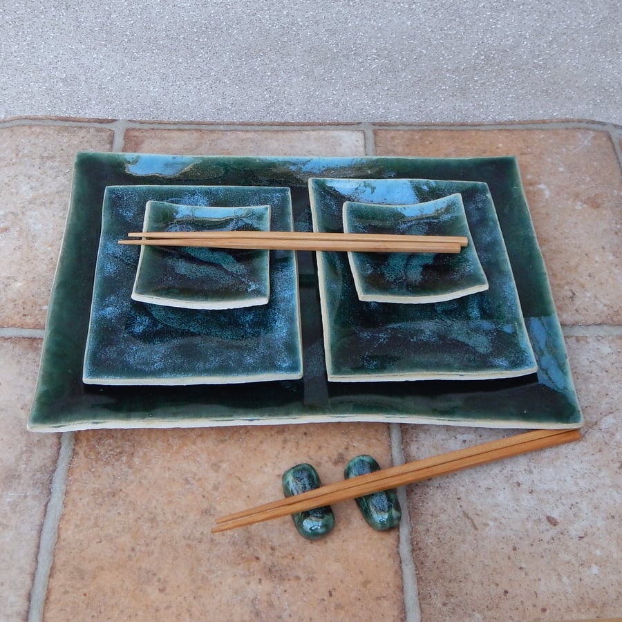 Sushi set seven piece for two handmade in textured stoneware