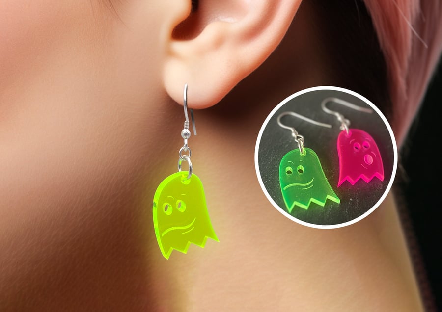 Neon Ghost Earrings - Playful Pink & Green Acrylic Jewelry for Halloween