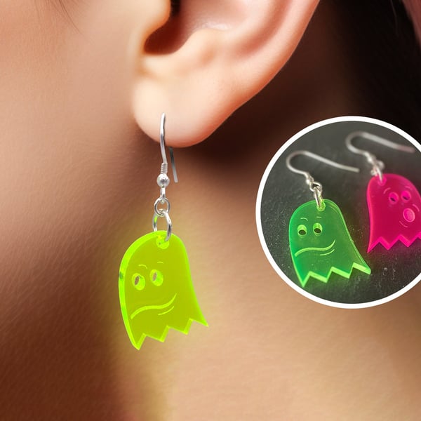 Neon Ghost Earrings - Playful Pink & Green Acrylic Jewelry for Halloween