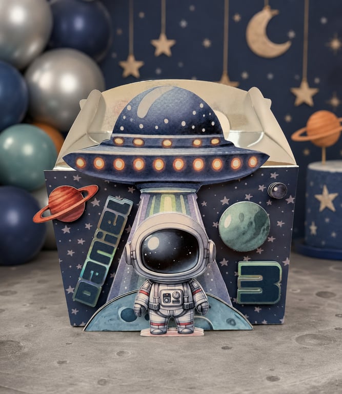 6 Personalised Space party boxes, party bags 