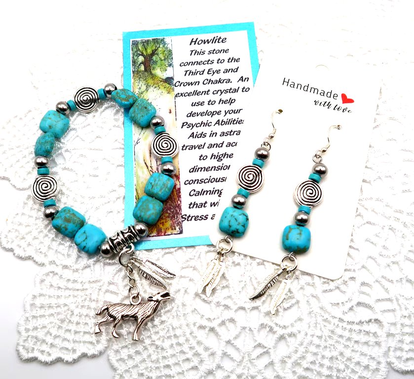 Howlite Spiral Bracelet and Earrings with Sterling Silver Wires.