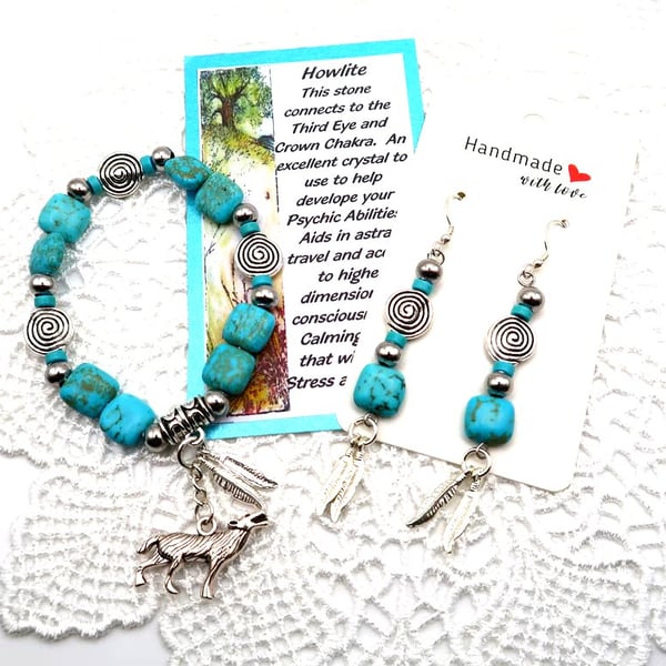 Howlite Spiral Bracelet and Earrings with Sterling Silver Wires.