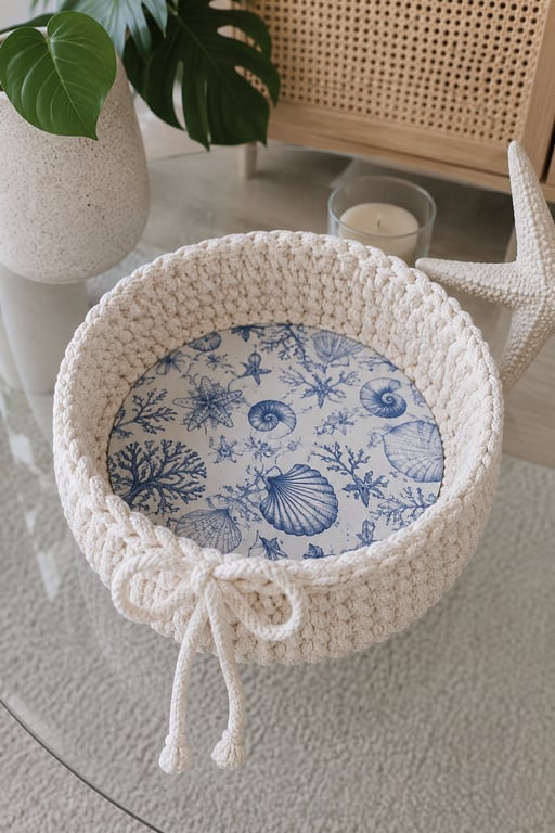 Handmade Crochet Basket, Sea Theme Bottom, Coastal Storage Bin (20x7 cm),  