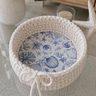 Handmade Crochet Basket, Sea Theme Bottom, Coastal Storage Bin (20x7 cm),  