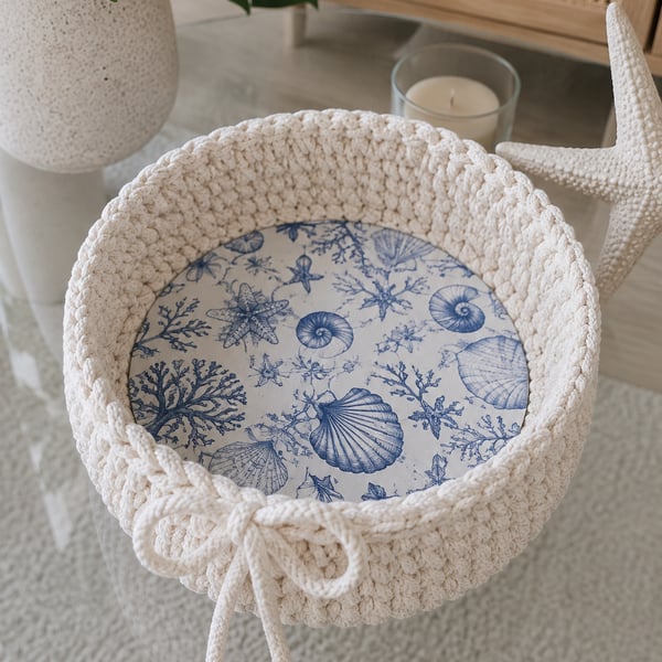 Handmade Crochet Basket, Sea Theme Bottom, Coastal Storage Bin (20x7 cm),  