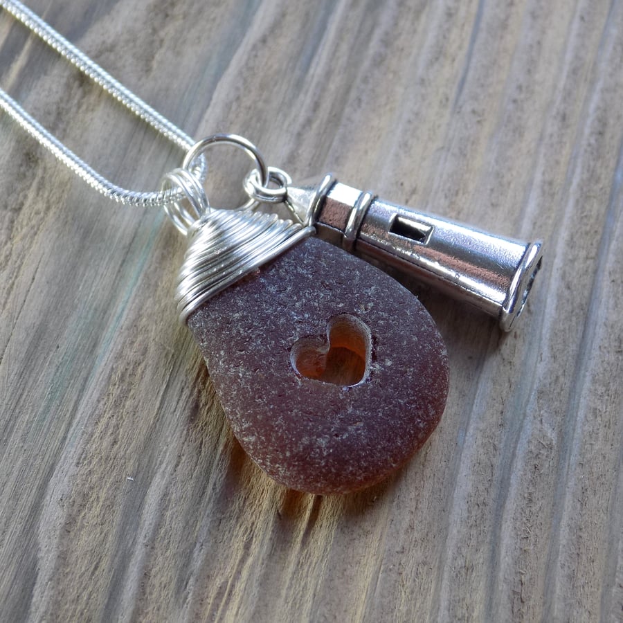 Natural sea glass drilled heart ,wire wrapped pendant 