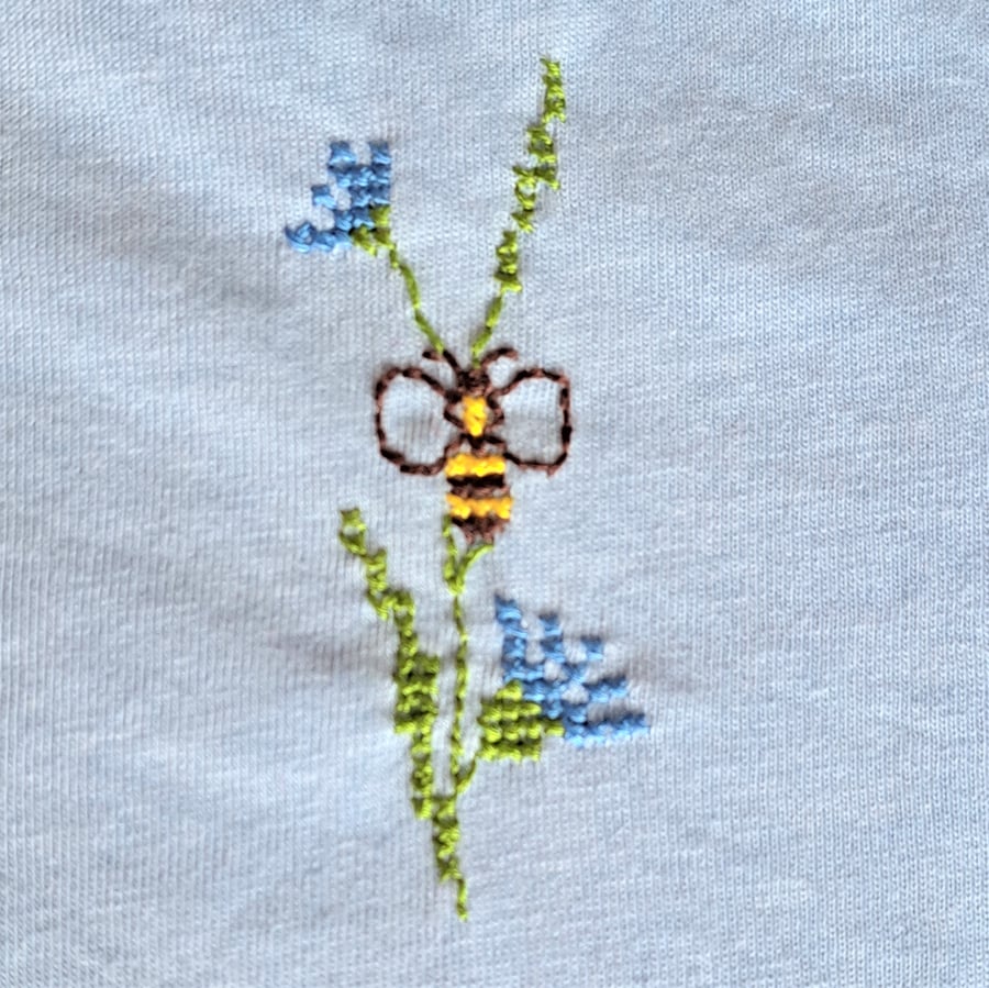 Blue Bee T-shirt, age 12-18 months, hand embroidered