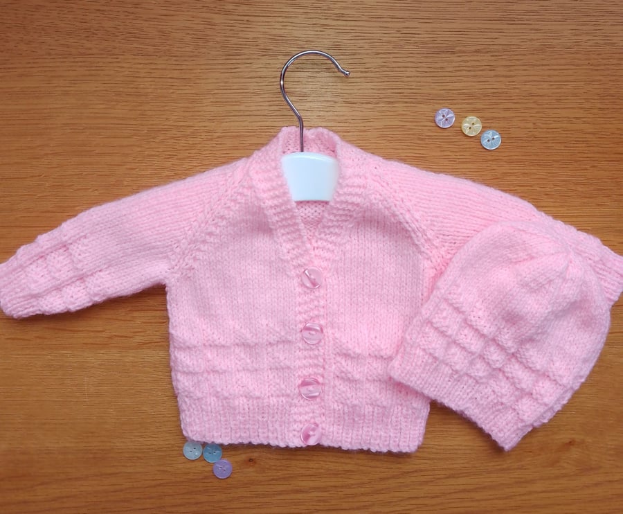 Beautiful Hand Knitted Cardigan and Hat Set