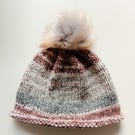 Hand Knit Ladies Drifter Beanie Hat with Pom-Pom