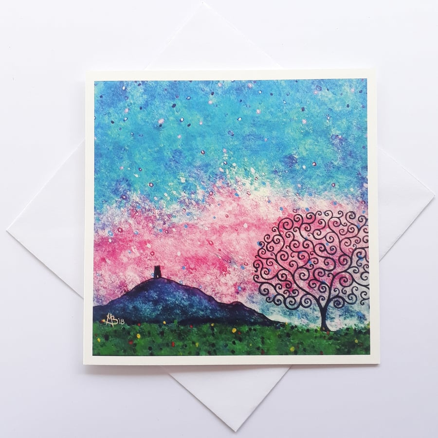 Glastonbury Tor & Tree of Life Greetings Card, for Any Occasion