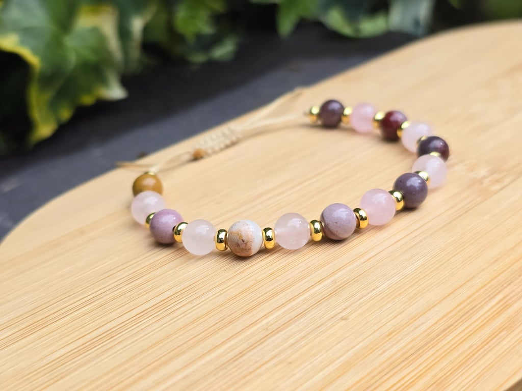Rose Quartz & Rhodonite Gemstone Bracelet With 18k Gold Beads 
