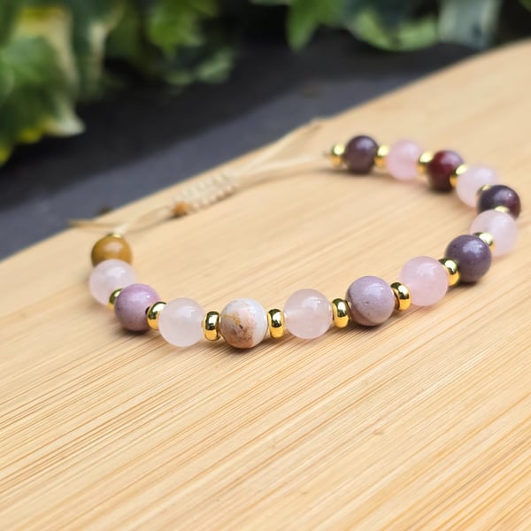 Rose Quartz & Rhodonite Gemstone Bracelet With 18k Gold Beads 