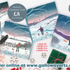 Galloway Winter Christmas Cards featuring snowy walks with dogs. Pack of 4.