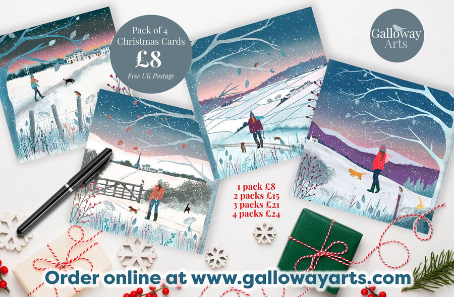 Galloway Winter Christmas Cards featuring snowy walks with dogs. Pack of 4.
