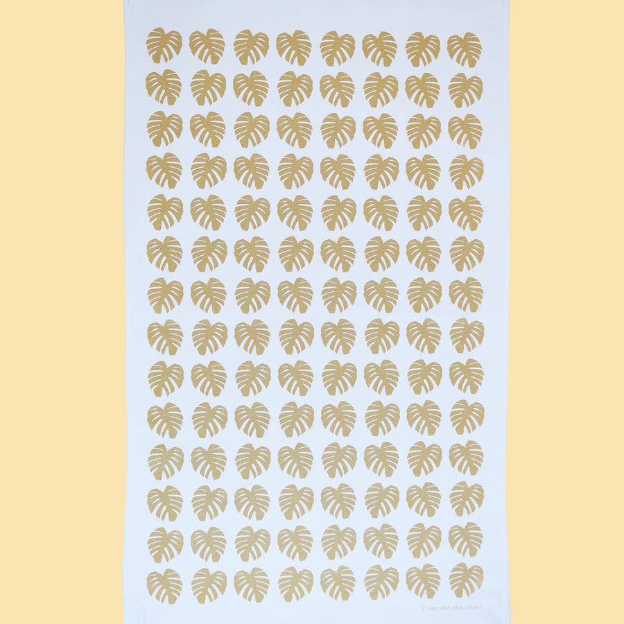 Gold Monstera cheese plant leaf tea towel