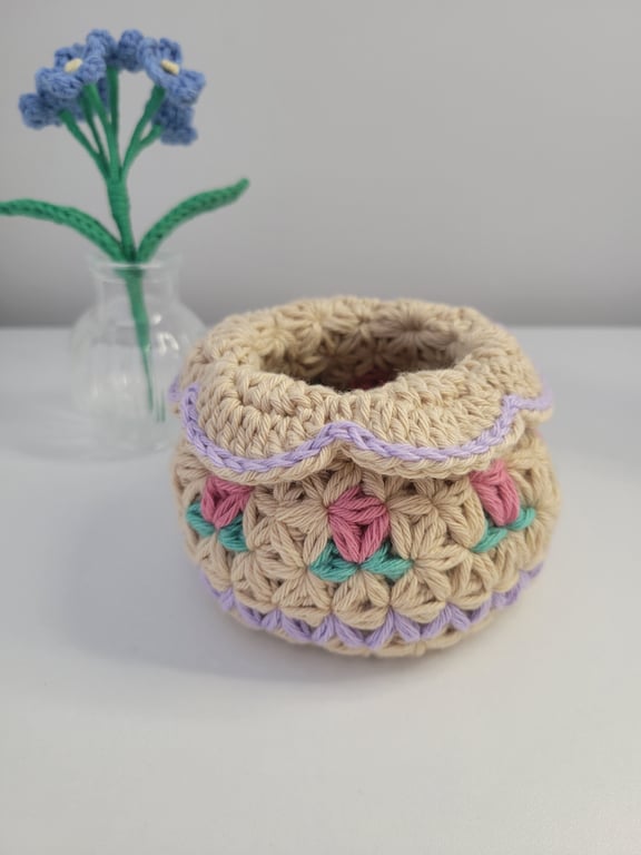 Crochet Accessories Basket - Pastel Blossom Design