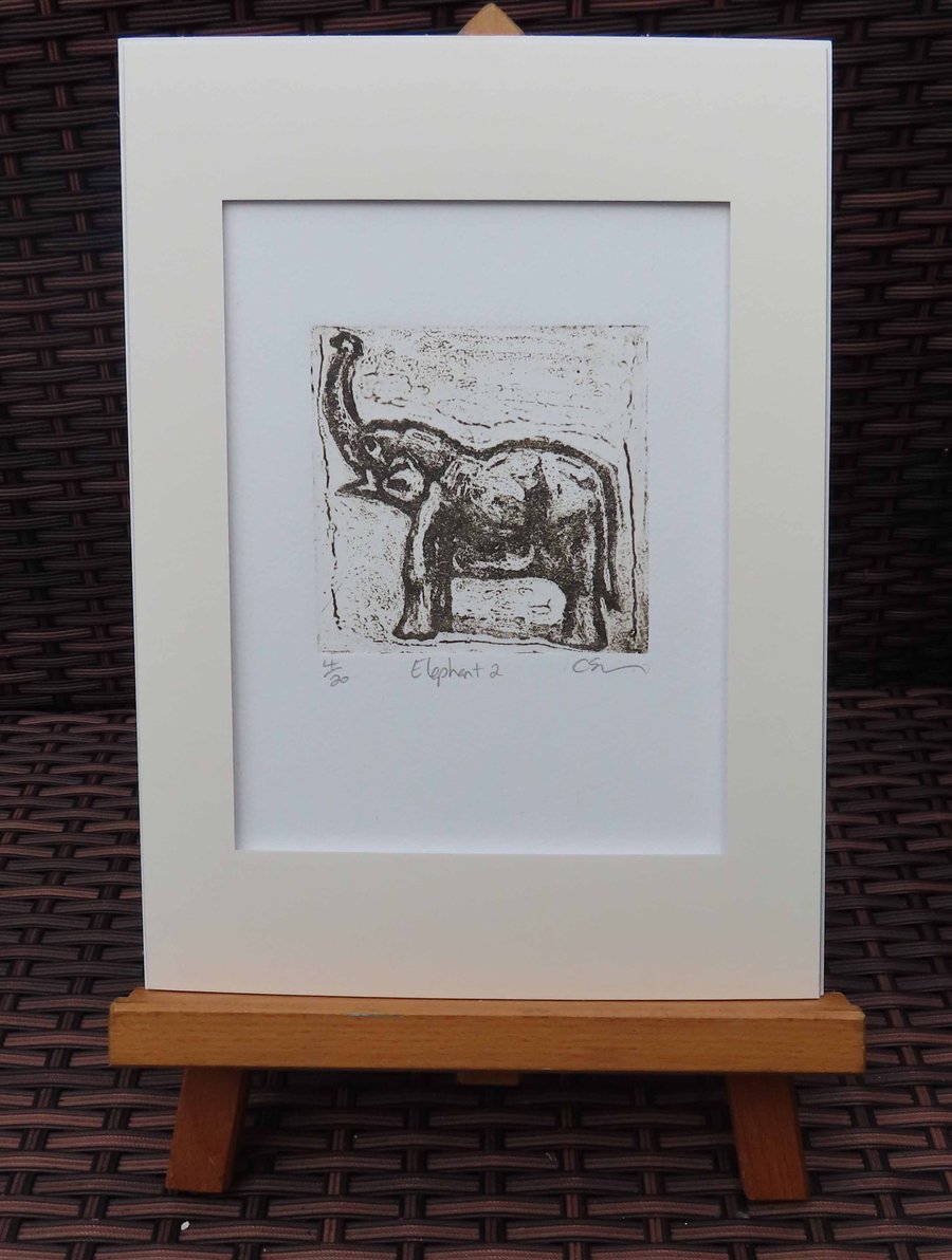 Elephant 2 Art Original Collagraph Print Animal