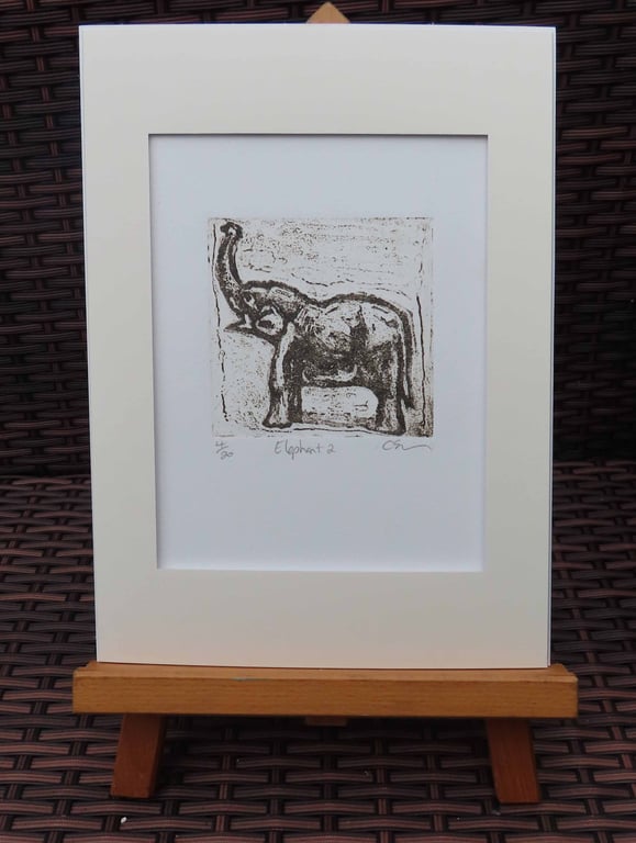Elephant 2 Art Original Collagraph Print Animal