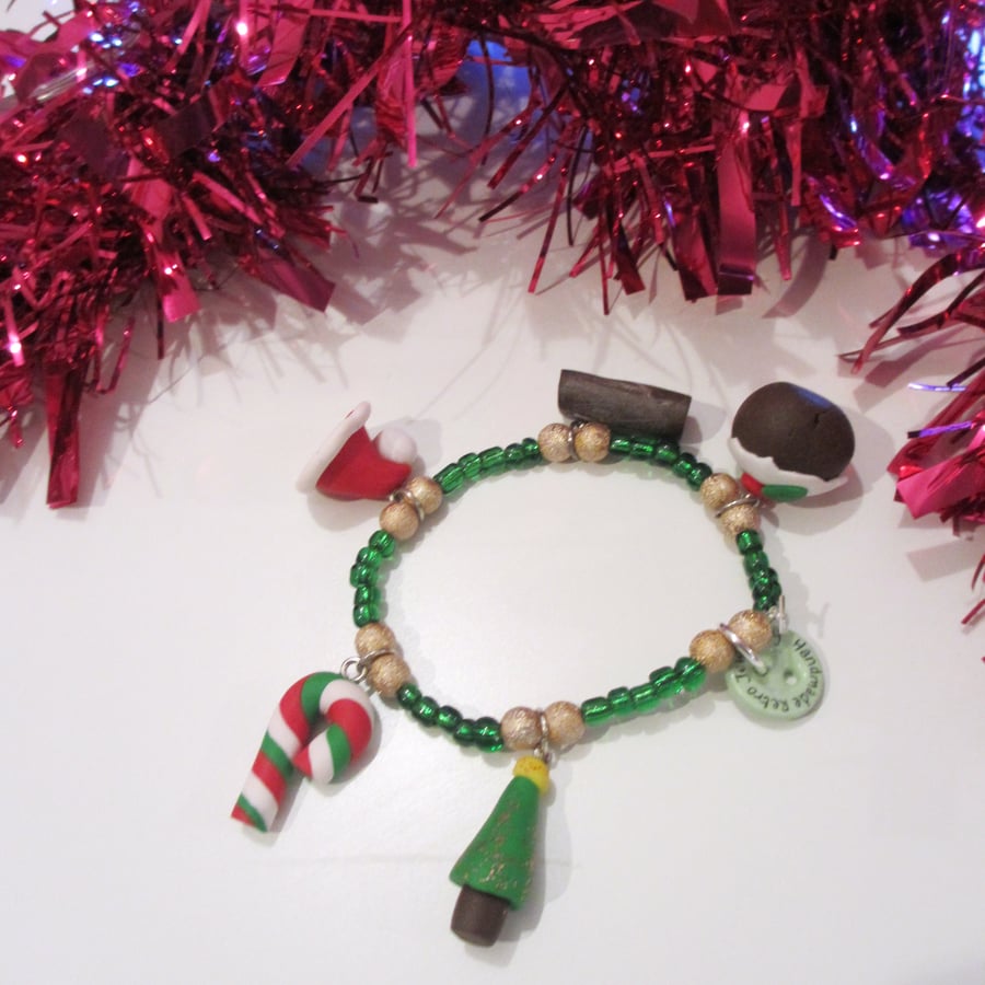 SALE Retro Christmas themed charm bracelet GREEN BEADS handmade, unique,quirky,