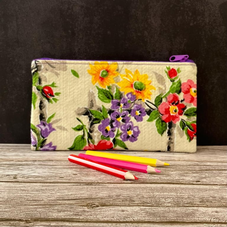 Pencil Case made from Rare 1940s Vintage Barkcloth Fabric, Purple