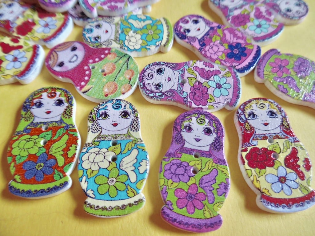 10 x Russian Doll  Shape Wood Patterned Buttons  2 holes