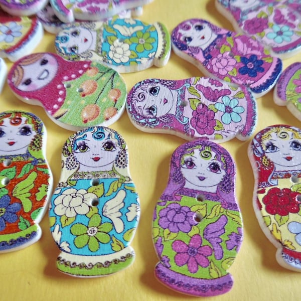 10 x Russian Doll  Shape Wood Patterned Buttons  2 holes