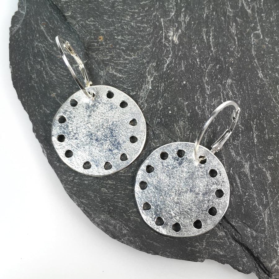 Fine silver disc earrings on sterling hoops