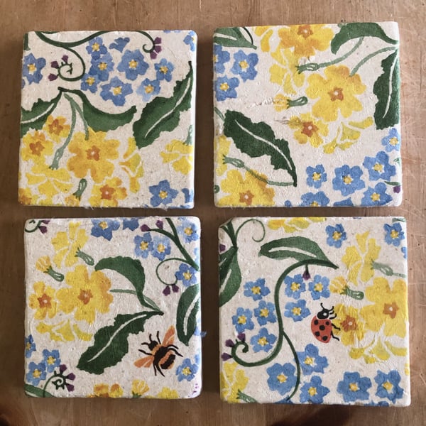 Set of Four Emma Bridgewater Forget Me Not And Primrose Natural Stone Coasters
