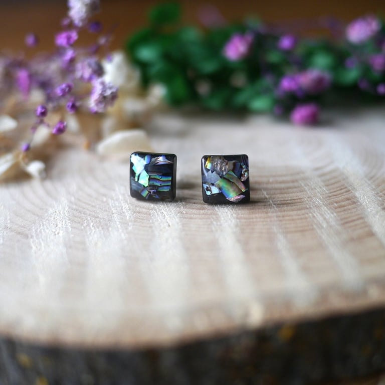 Square or Diamond Abalone Shell Hypoallergenic Resin Earrings