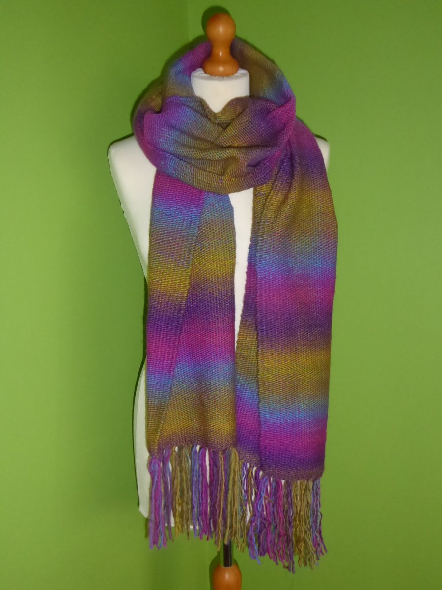 Woven Scarf. Extra Long Snuggly Scarf with Tassel Trim. Stripe Scarf