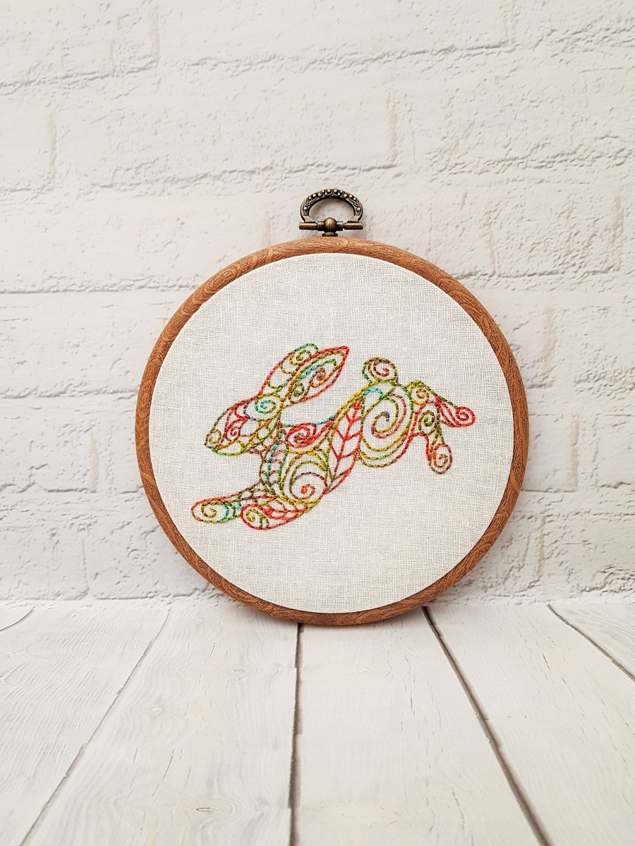 Rainbow Running Hare Hand Embroidery Hoop Art Gift for Rabbit Lovers