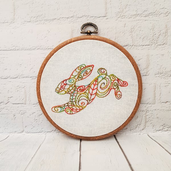 Rainbow Running Hare Hand Embroidery Hoop Art Gift for Rabbit Lovers