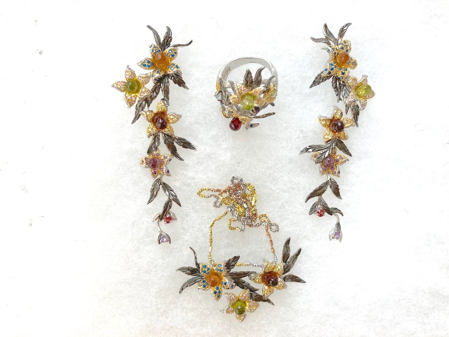Garnet Peridot Amethyst Citrine Topaz Floral Foliate Garland Necklet & Earrings