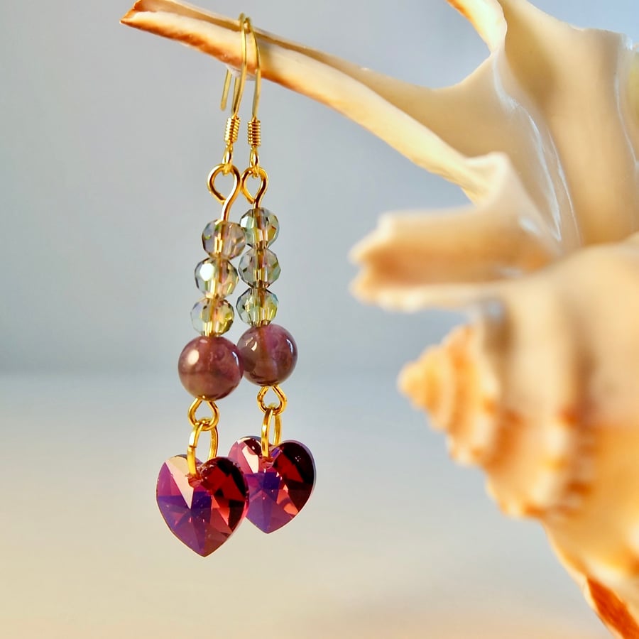 Purple Heart Earrings With Amethyst And Faceted Glass - Handmade In Devon